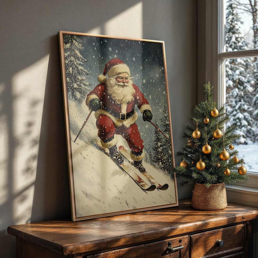Framed Wall Art: Vintage Santa skiing in a snowy scene. Classic style with a red, white, and blue color palette. Perfect Christmas decor.