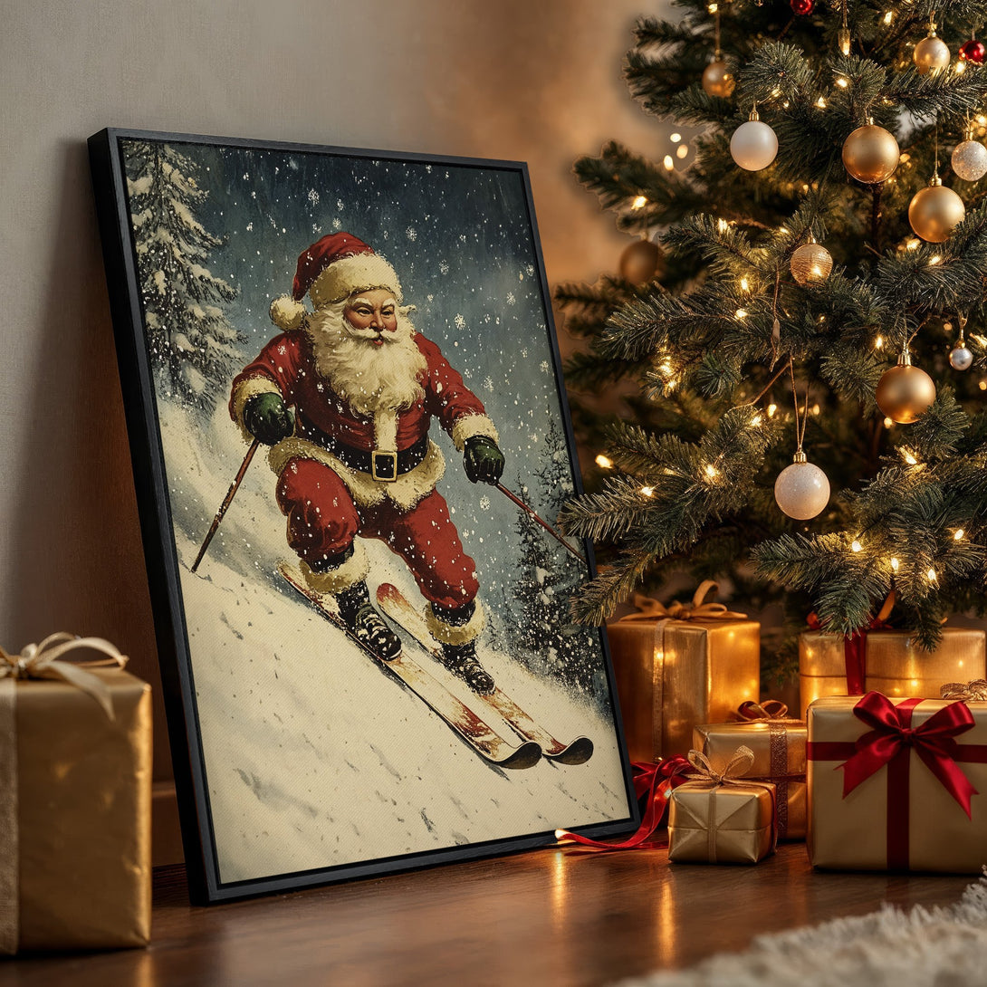 Framed Wall Art: Vintage Santa skiing in snowy scene, warm red & blue tones. Perfect Christmas decor for a cozy, festive vibe. Shop now!