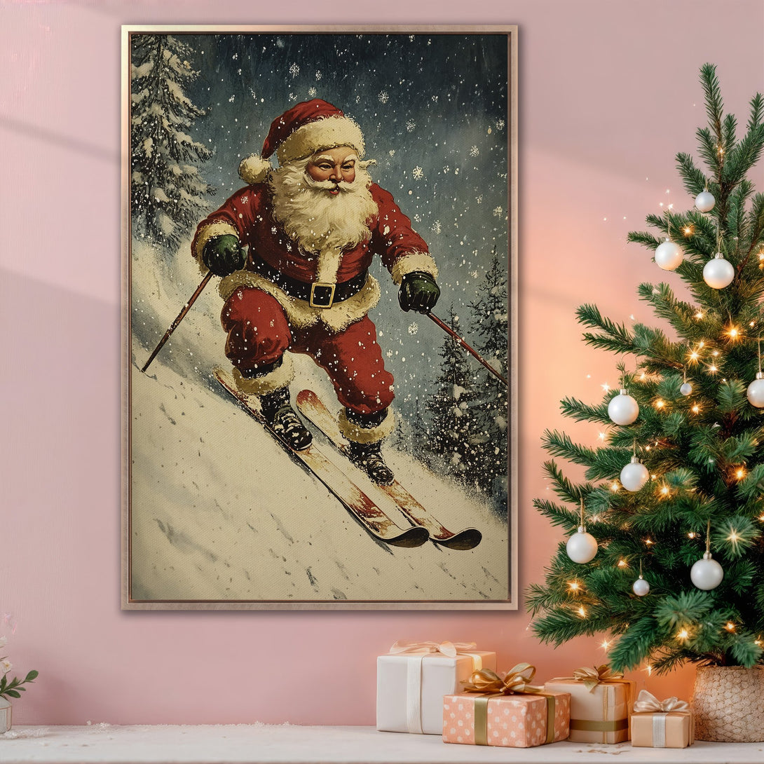 Framed Wall Art: Vintage Santa skiing in snowy scene, warm red & blue tones. Perfect Christmas decor! Add festive charm to your home with this print.