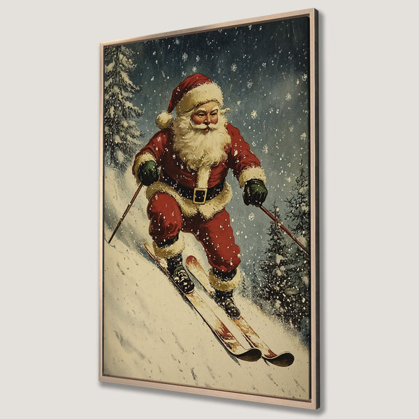 Framed Wall Art: Vintage-style Santa skiing in a snowy forest. Festive red and blue color palette. Perfect Christmas decor!