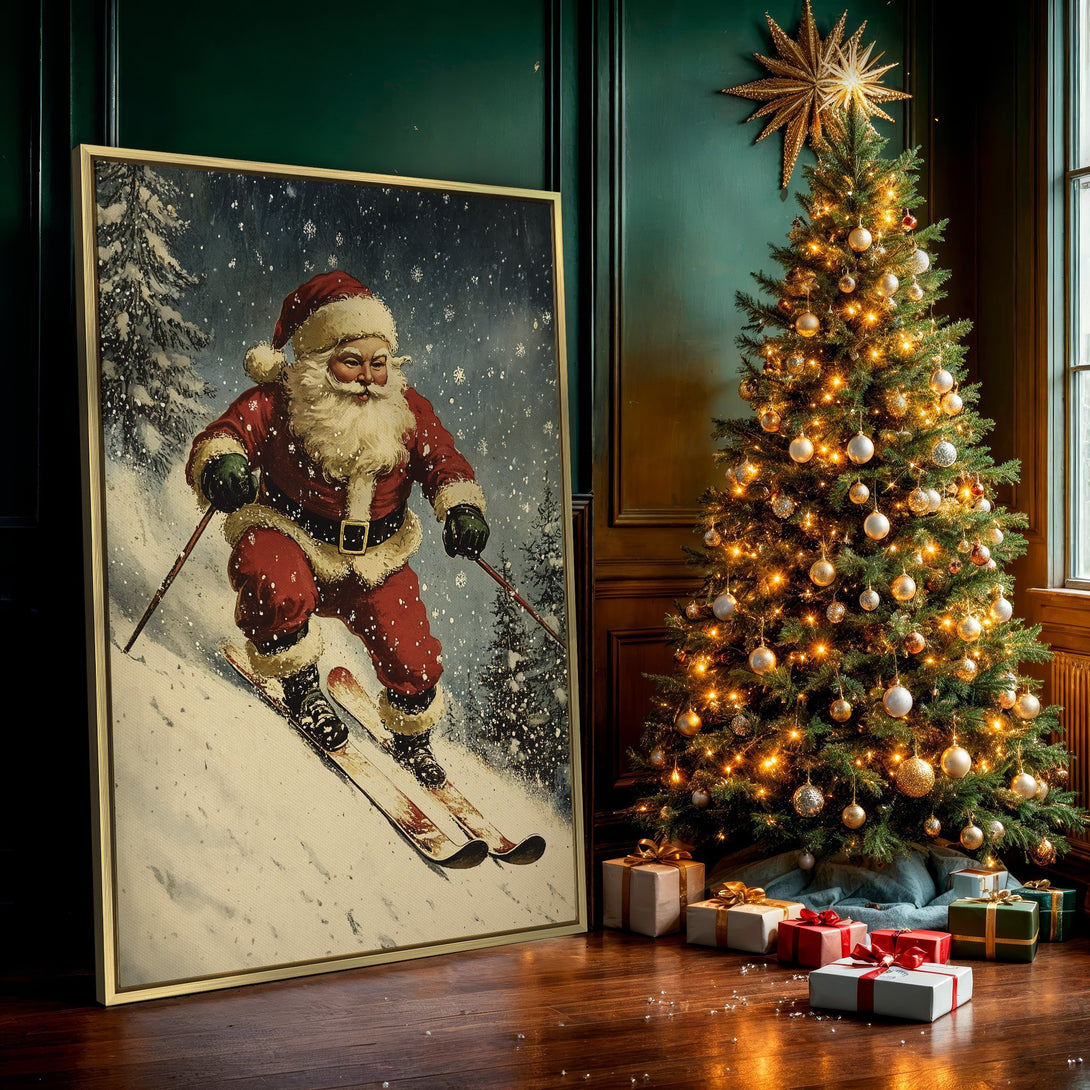 Canvas Print featuring Santa Claus skiing in a vintage style. Red, white, and green color palette. Perfect Christmas wall art!