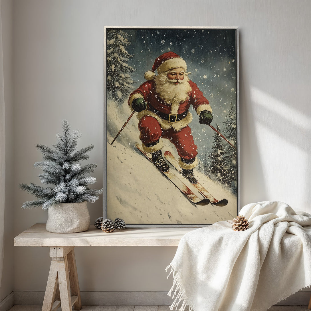 Framed Wall Art featuring Santa skiing in a vintage style. Festive red, white, and blue color palette. Perfect Christmas decor for your home.