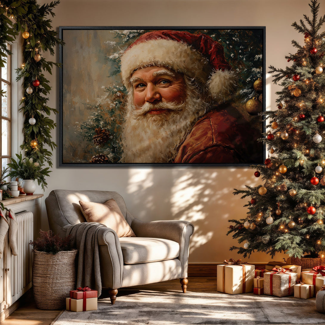 Framed Wall Art featuring Santa Claus in a classic style, warm red and beige tones. Perfect Christmas decor for a cozy living room!