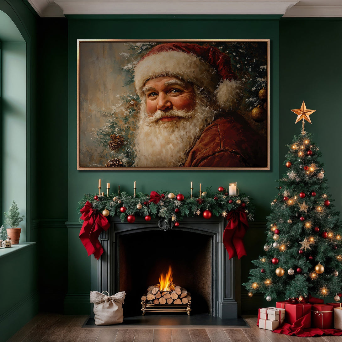 Framed Wall Art: Santa Claus portrait in a cozy Christmas interior. Warm red, gold, and green color palette. Perfect holiday decor.