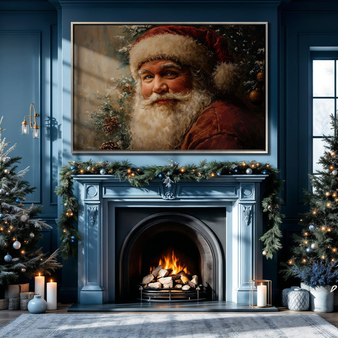 Framed Wall Art of Santa Claus in a cozy Christmas interior. Classic style with a warm, inviting color palette featuring reds, greens, and blues. Perfect holiday decor!