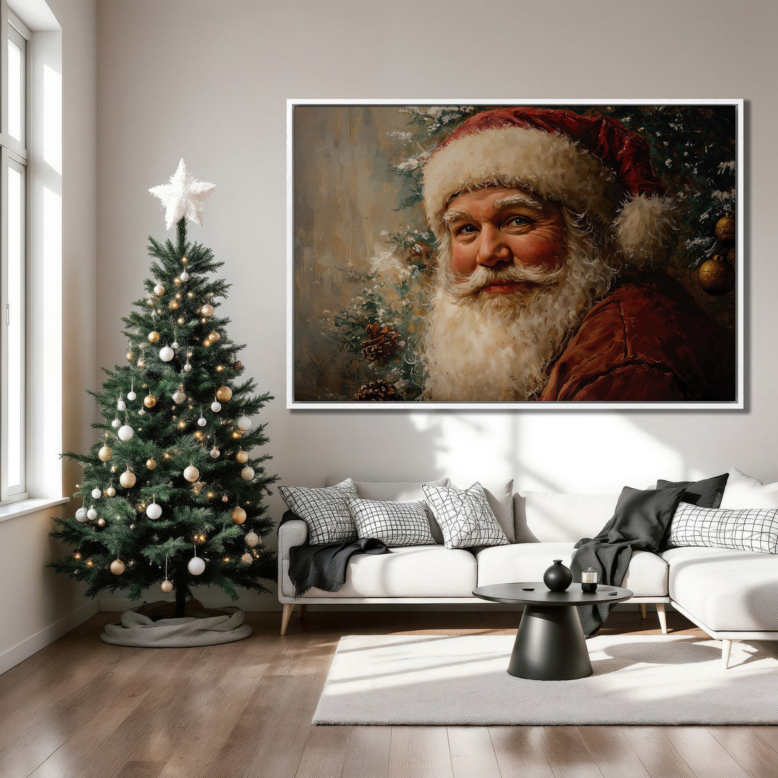 Framed Wall Art: Vintage Santa Claus portrait in warm tones. Enhance your holiday decor with this charming Canvas Print, perfect for a cozy living room.