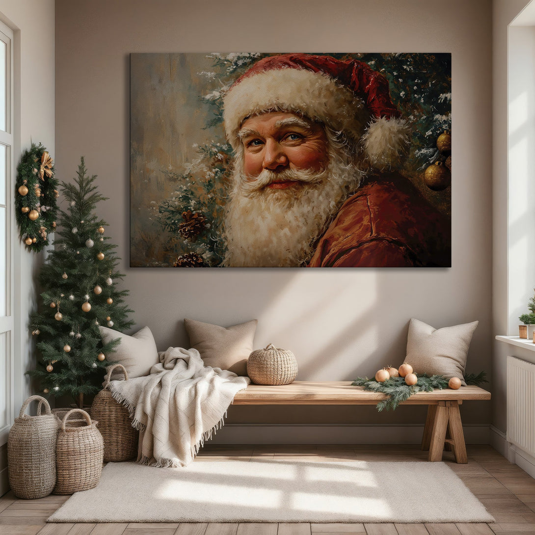 Framed Wall Art: Santa Claus portrait in warm red, green, and gold tones. Classic style Canvas Print adds holiday cheer to any living room.
