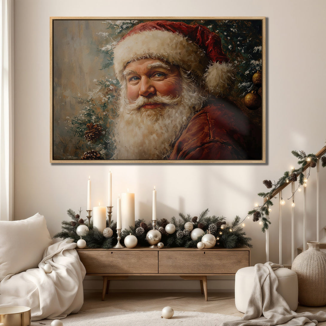 Framed Wall Art featuring Santa Claus portrait in warm, neutral tones. Perfect Christmas decor for a cozy, inviting home. Shop now!