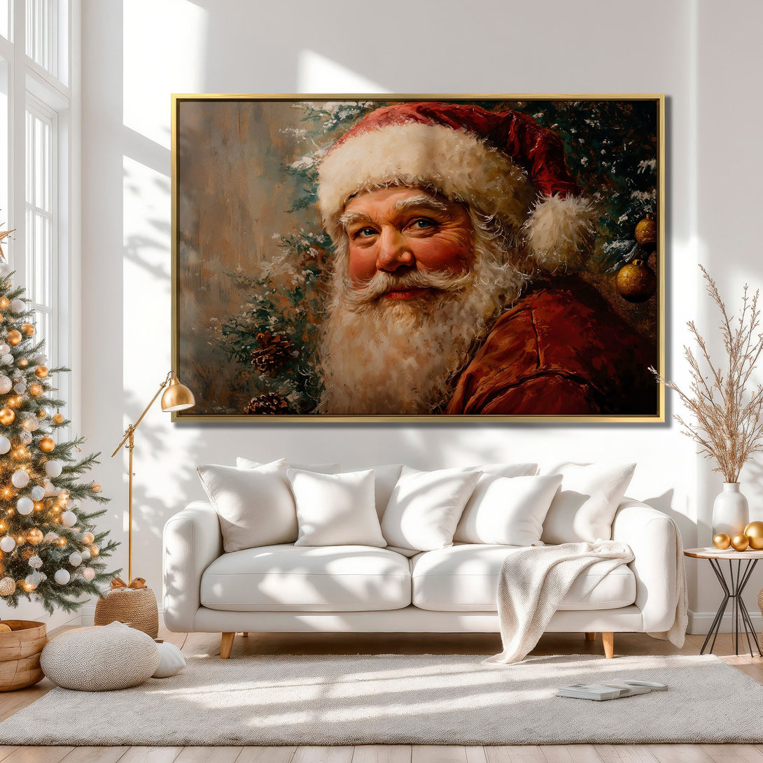 Canvas Print of Santa Claus portrait in warm tones, perfect for Christmas decor. Classic style, rich red & neutral palette.