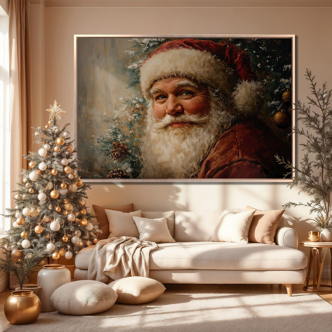 Framed Wall Art of Santa Claus in a warm, inviting interior. Classic painting style with a cozy, neutral color palette perfect for holiday decor.