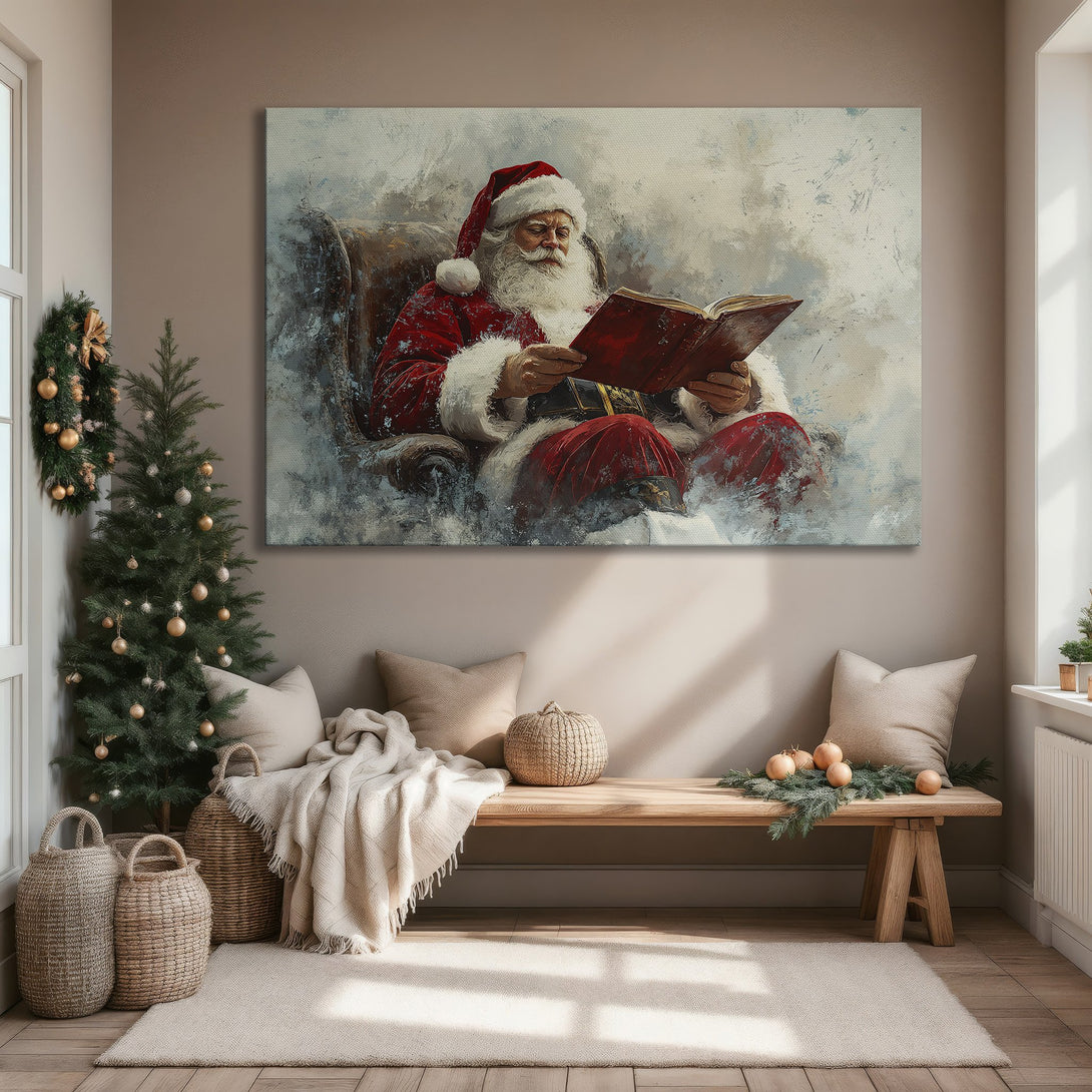 Framed Wall Art of Santa Claus reading, in a cozy interior. Rich red and white tones with a touch of gold, perfect for Christmas decor.
