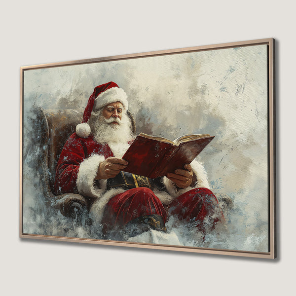 Framed Wall Art of Santa Claus reading. Artistic style, red and white palette. Perfect holiday decor.
