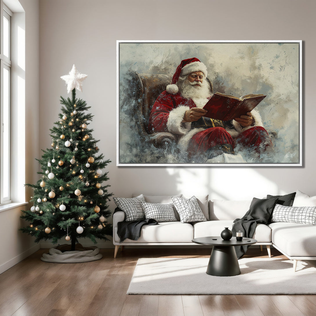 Framed Wall Art of Santa Claus reading, warm red & neutral tones. Rustic style canvas print adds holiday charm to any room. Shop now!