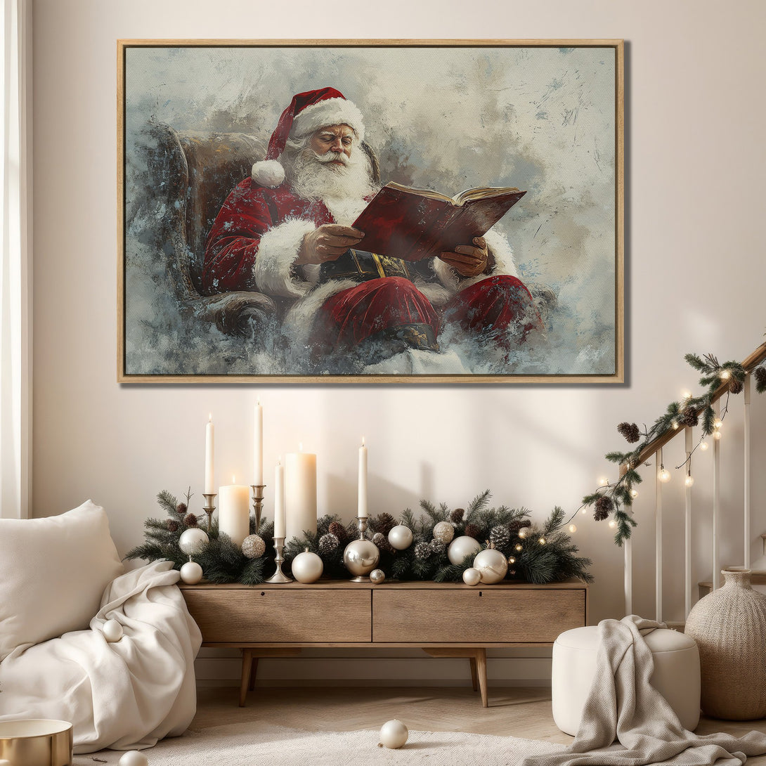 Framed Wall Art featuring Santa Claus reading a book, painted in a classic style with a warm red, white, and neutral color palette. Perfect holiday decor.