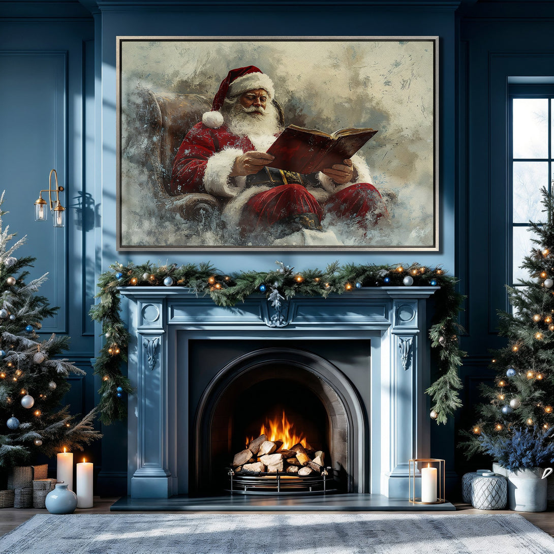 Framed Wall Art featuring Santa Claus reading in a cozy Christmas scene. Warm red and cool blue color palette. Perfect holiday decor.