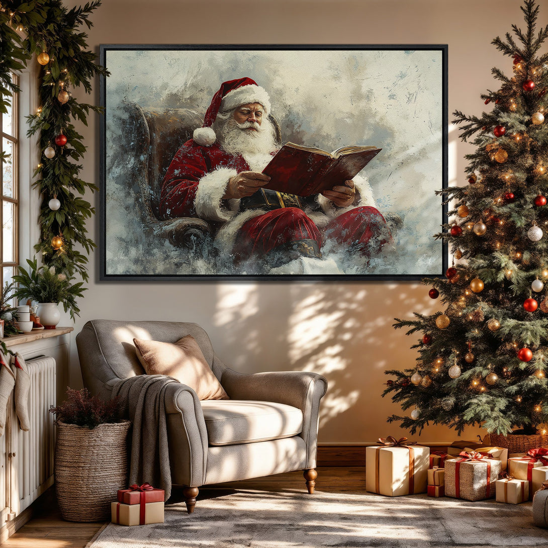 Framed Wall Art: Santa Claus reading a book. Cozy Christmas scene with warm red, beige, and white color palette. Perfect holiday decor!
