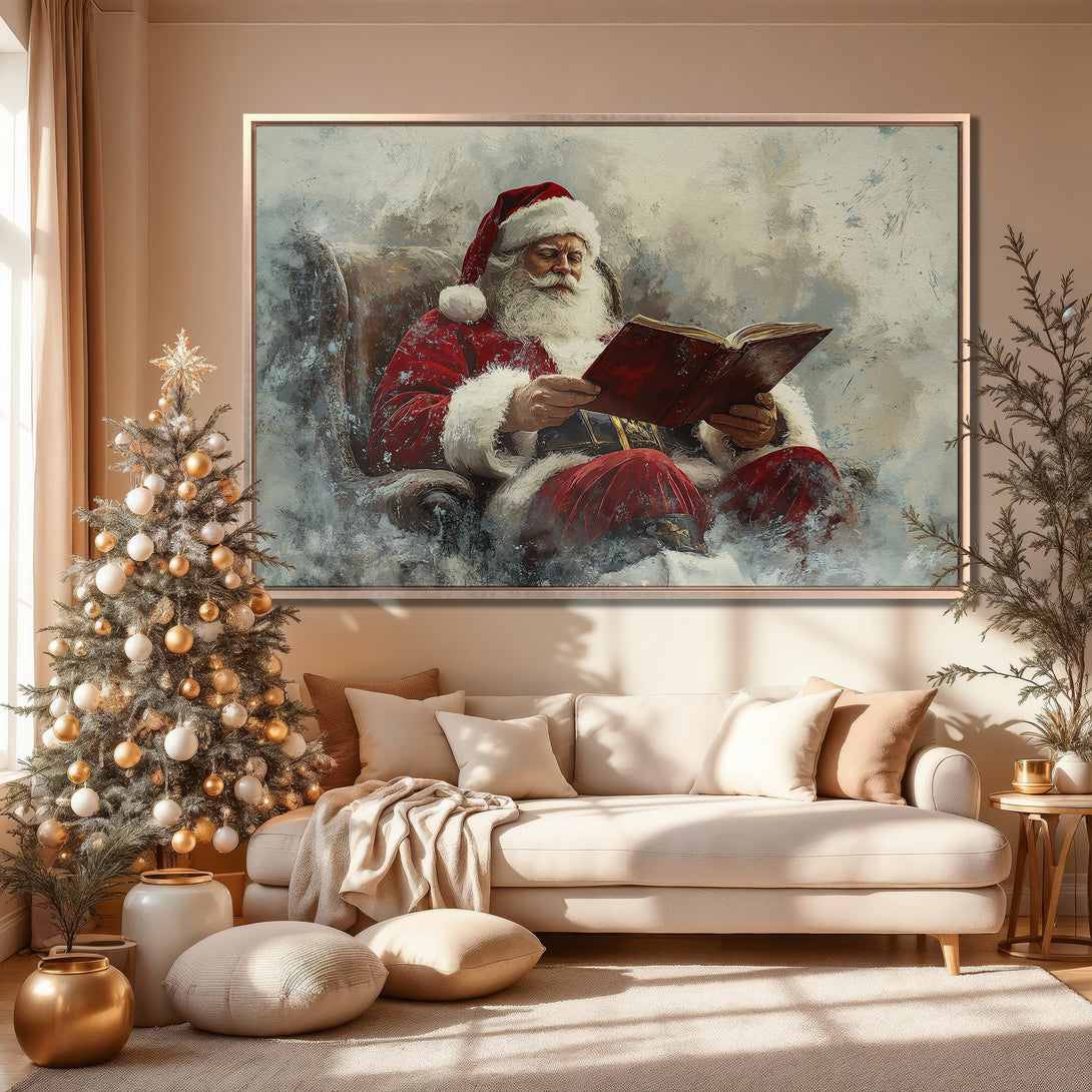 Framed Wall Art featuring Santa Claus reading, painted in a warm, neutral color palette. Perfect Christmas decor to bring holiday cheer to your home.