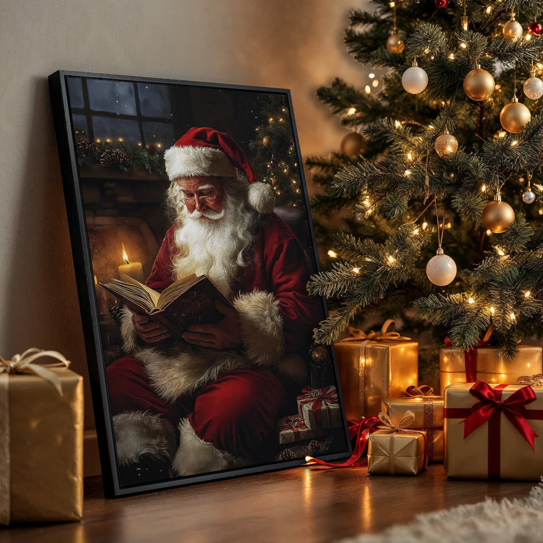Framed Wall Art of Santa reading by a fire. Warm, inviting Christmas decor with red, gold, and cozy lighting. Perfect holiday gift!