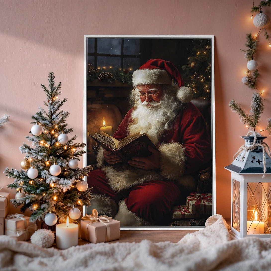 Framed Wall Art: Santa Claus reading by a fireplace. Warm, cozy Christmas scene with red, gold, and cream color palette. Perfect holiday decor!