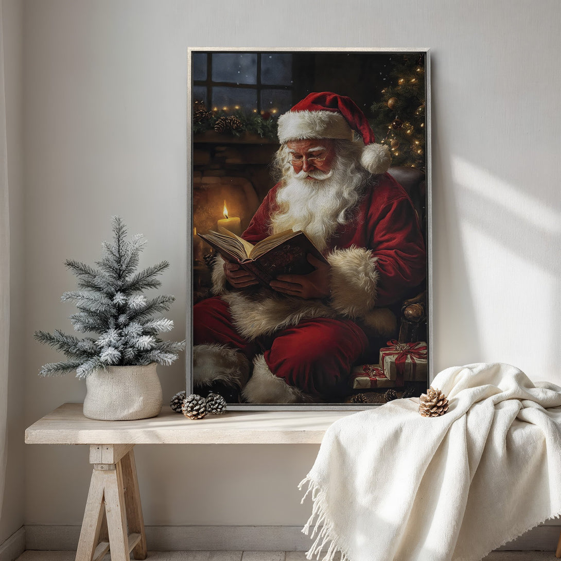 Framed Wall Art: Santa Claus reading by a fireplace. Classic painting style with a warm red, white, and dark color palette. Perfect Christmas decor.