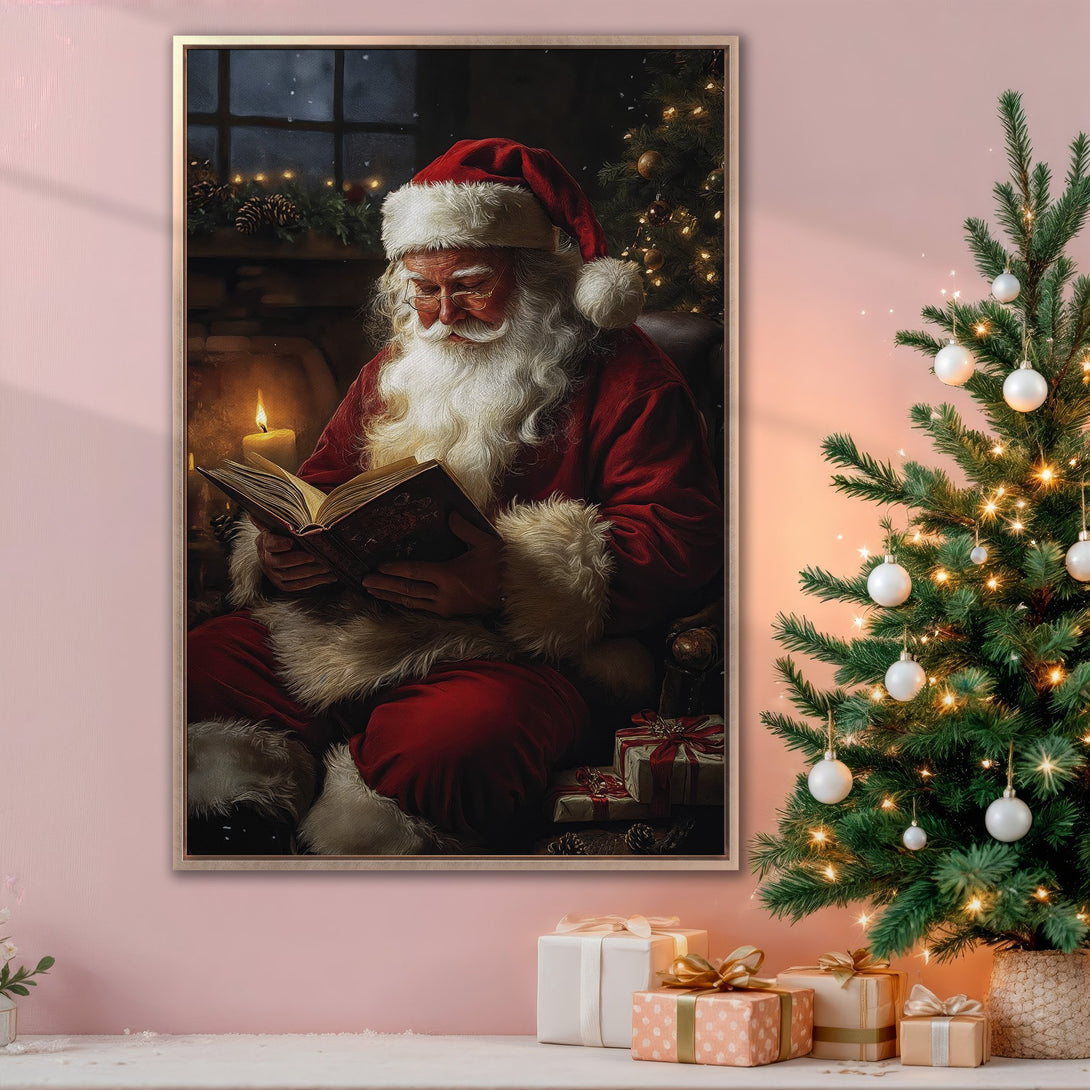Framed Wall Art: Santa Claus reading by the fireplace, warm red & gold tones, festive Christmas decor. Perfect holiday gift!