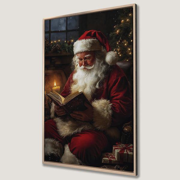 Framed Wall Art of Santa Claus reading by a warm fire. Rich red and gold tones create a cozy, festive holiday scene. Perfect Christmas decor!