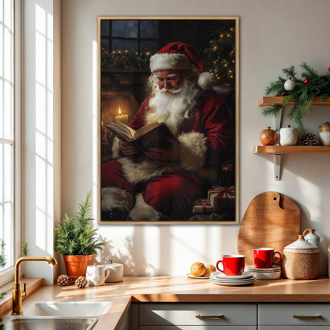 Framed Wall Art: Santa Claus reading in a cozy interior. Warm, inviting color palette with reds, golds, and whites. Perfect Christmas decor!