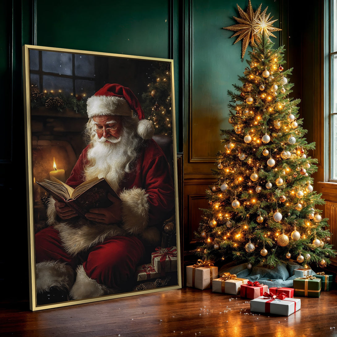Canvas Print of Santa Claus reading, warm reds & golds. Perfect for holiday decor! Festive wall art.