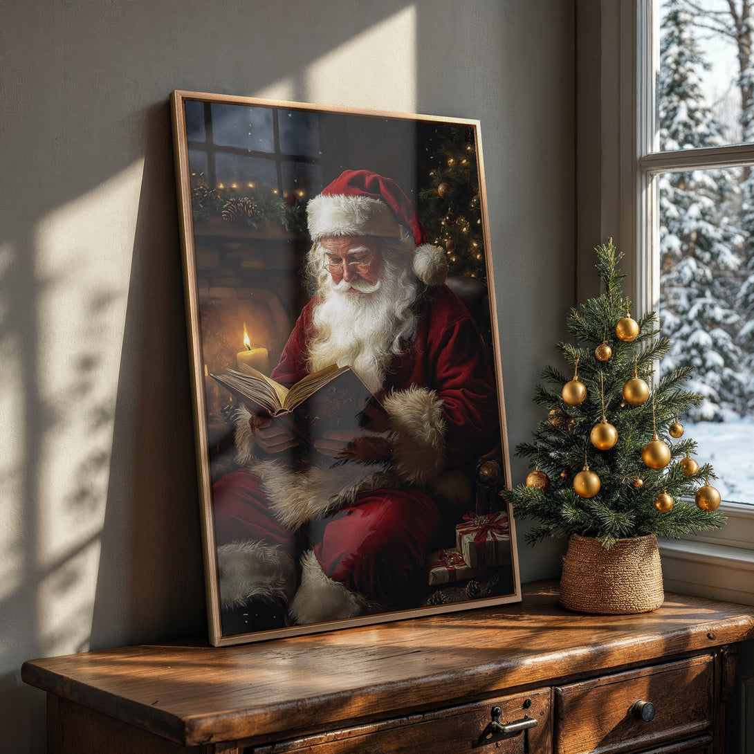 Framed Wall Art of Santa Claus reading by a warm fire. Cozy Christmas decor in red, gold, and neutral tones. Perfect holiday gift!