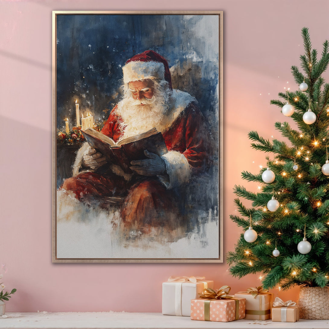 Framed Wall Art of Santa Claus reading, impressionistic style. Rich red, blue, and cream color palette. Perfect Christmas wall decor for your home.