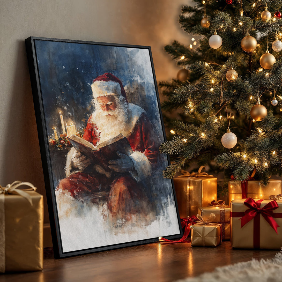 Framed Wall Art: Santa Claus reading by candlelight. Watercolor-style Canvas Print with a warm, festive color palette of reds, blues, and golds. Perfect Christmas decor!