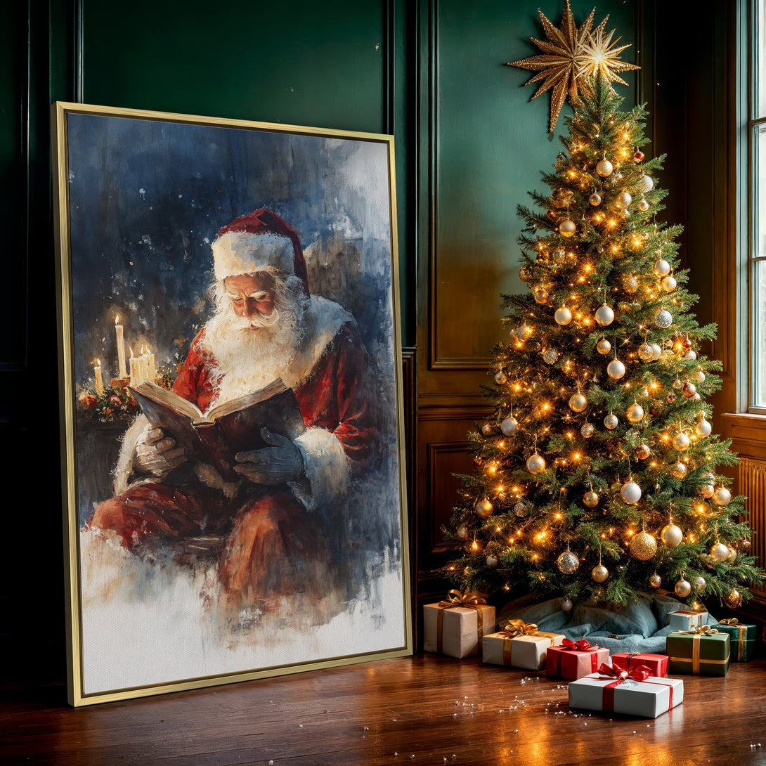 Canvas Print of Santa Claus reading, watercolor style, warm red and blue tones, perfect for Christmas decor.
