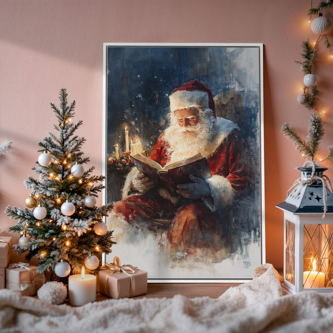 Framed Wall Art of Santa Claus reading, watercolor style, warm red and blue tones, perfect for Christmas decor.