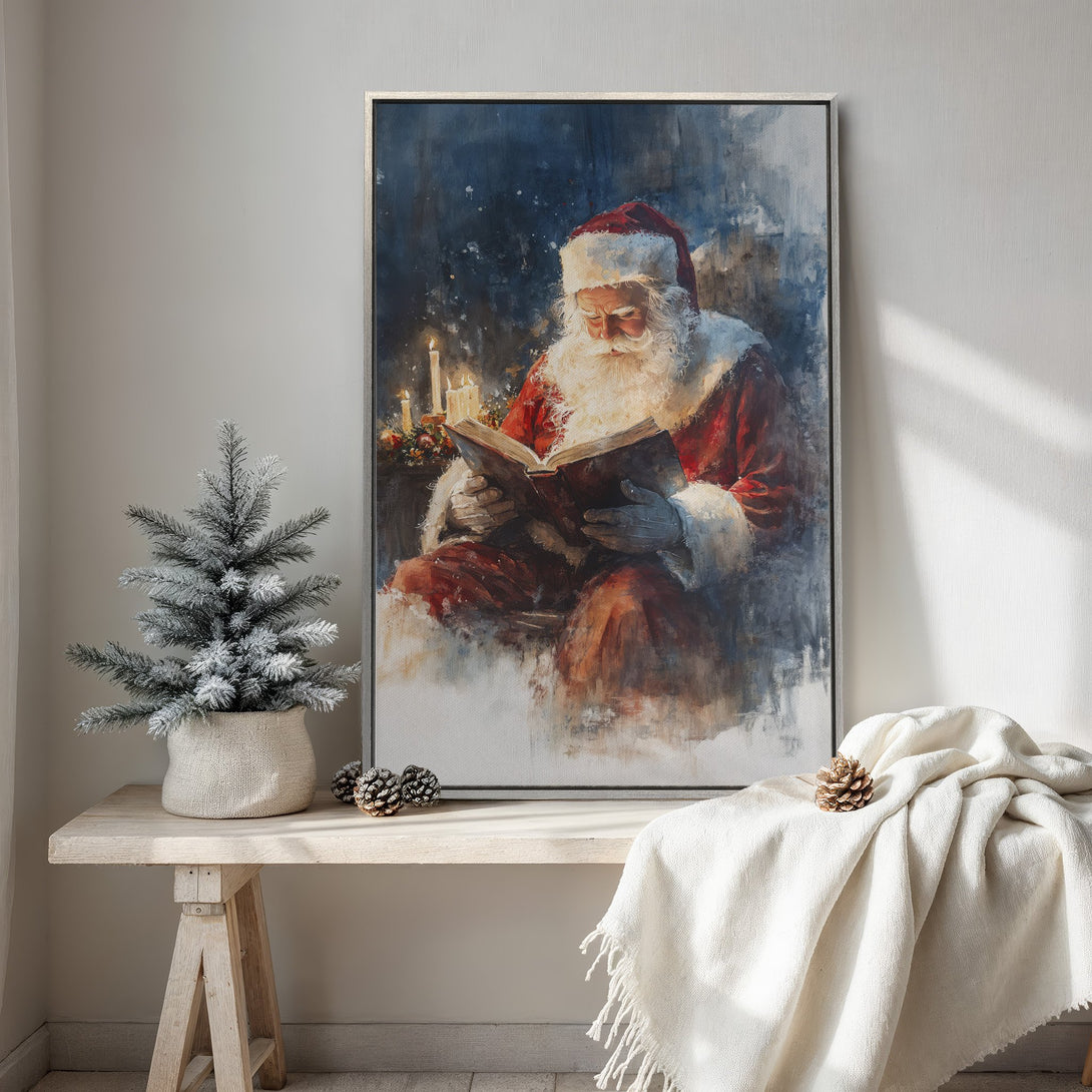 Framed Wall Art featuring Santa Claus reading, painted in a warm, impressionistic style with a red, blue, and cream color palette. Perfect Christmas decor!