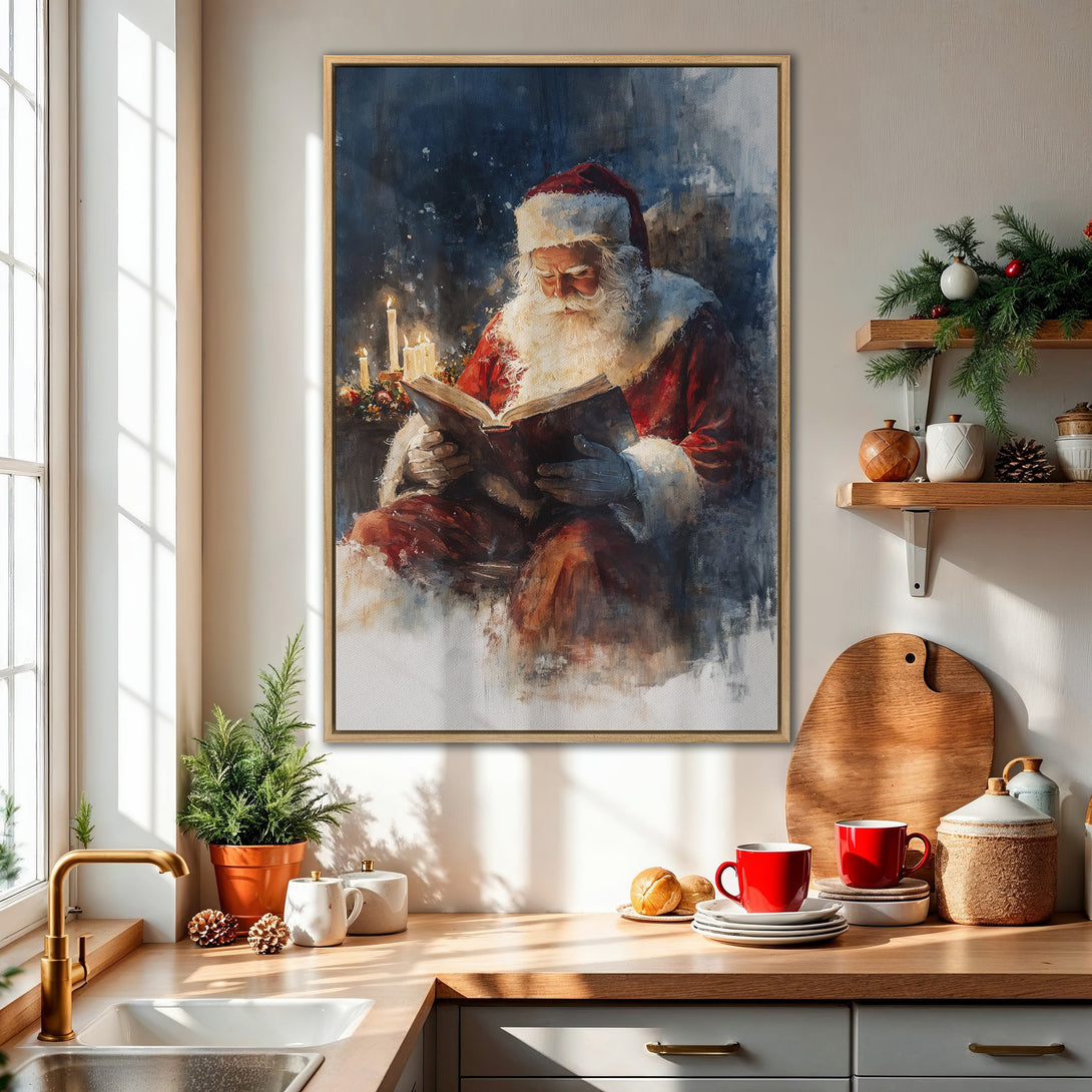 Framed Wall Art: Watercolor Santa Claus reading, warm red and blue tones. Perfect Christmas decor for your kitchen or living room!