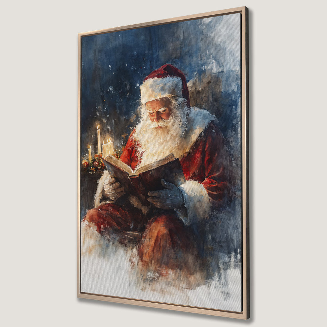 Framed Wall Art: Santa Claus reading a book, painted in a watercolor style with a warm, inviting color palette of reds, blues, and golds. Perfect Christmas decor!