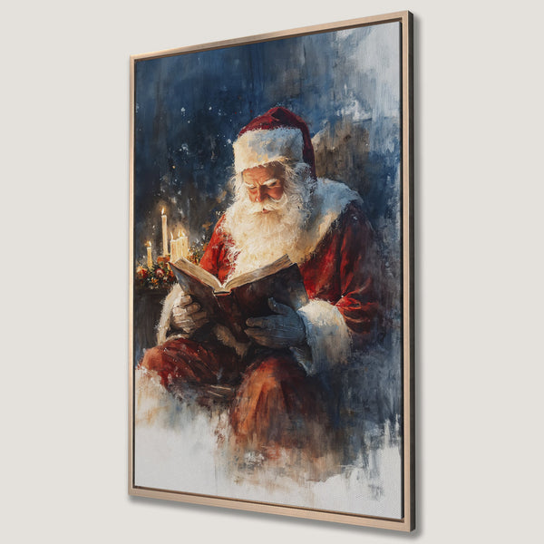 Framed Wall Art: Santa Claus reading a book, painted in a watercolor style with a warm, inviting color palette of reds, blues, and golds. Perfect Christmas decor!