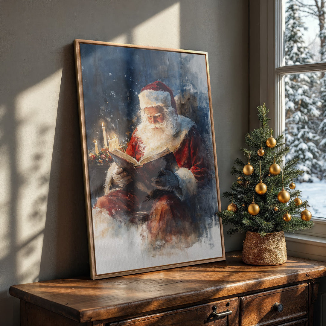 Framed Wall Art of Santa Claus reading, in a painterly style with a warm red and blue color palette, perfect for Christmas decor.