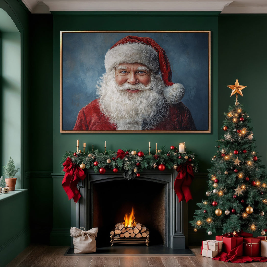 Framed Wall Art featuring Santa Claus portrait in a festive interior. Classic style, rich red, green, and gold color palette. Perfect Christmas decor!