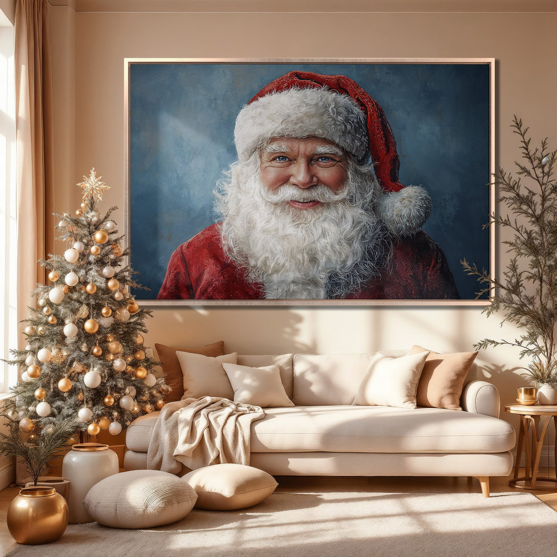 Framed Wall Art: Portrait of Santa Claus in a warm, inviting living room. Festive red, blue, and gold color palette. Perfect Christmas decor!