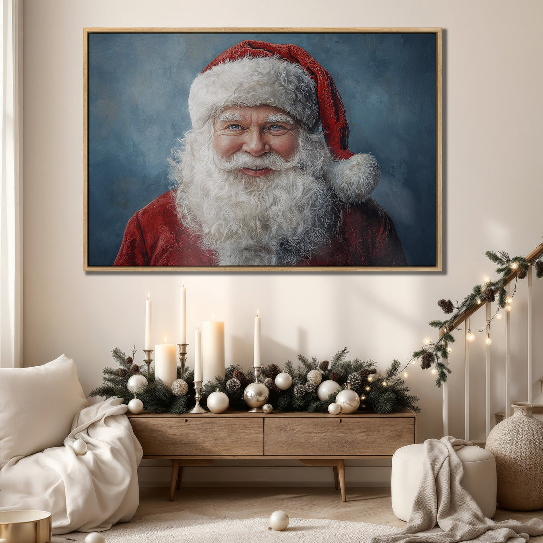 Framed Wall Art: Portrait of Santa Claus with a warm smile, rich red and blue palette. Perfect Christmas decor for a cozy, inviting space.