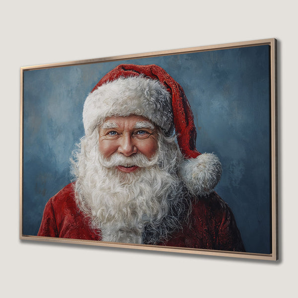 Framed Wall Art: Portrait of Santa Claus in red and white, with a blue background. Festive holiday decor for your home.