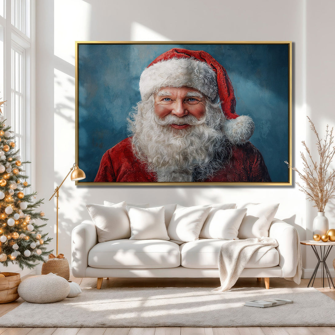 Canvas Print of Santa Claus portrait, warm red and blue tones. Festive wall art for Christmas decor, perfect for holiday gifting.