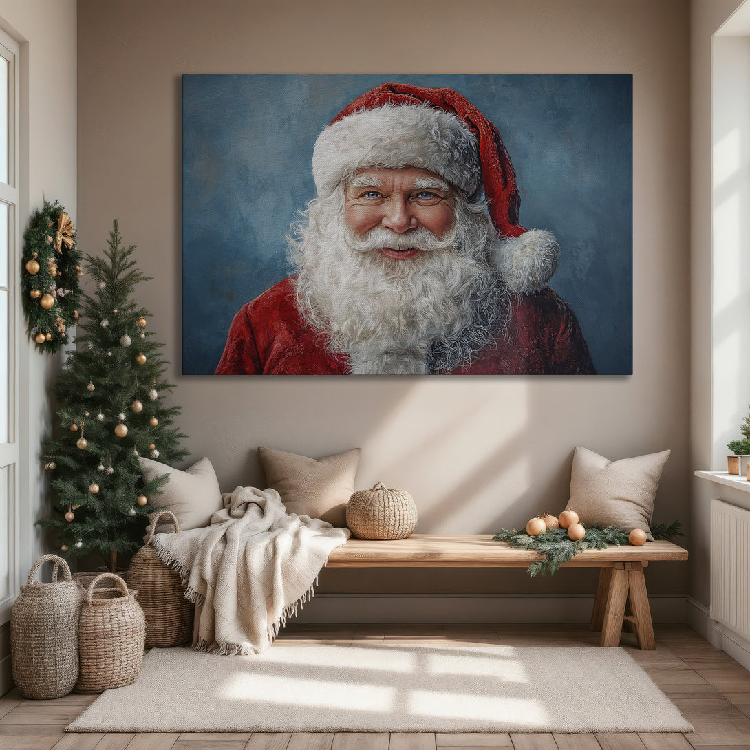 Framed Wall Art: Santa Claus portrait in red and blue. Classic style Canvas Print adds festive cheer to any space. Perfect Christmas decor!