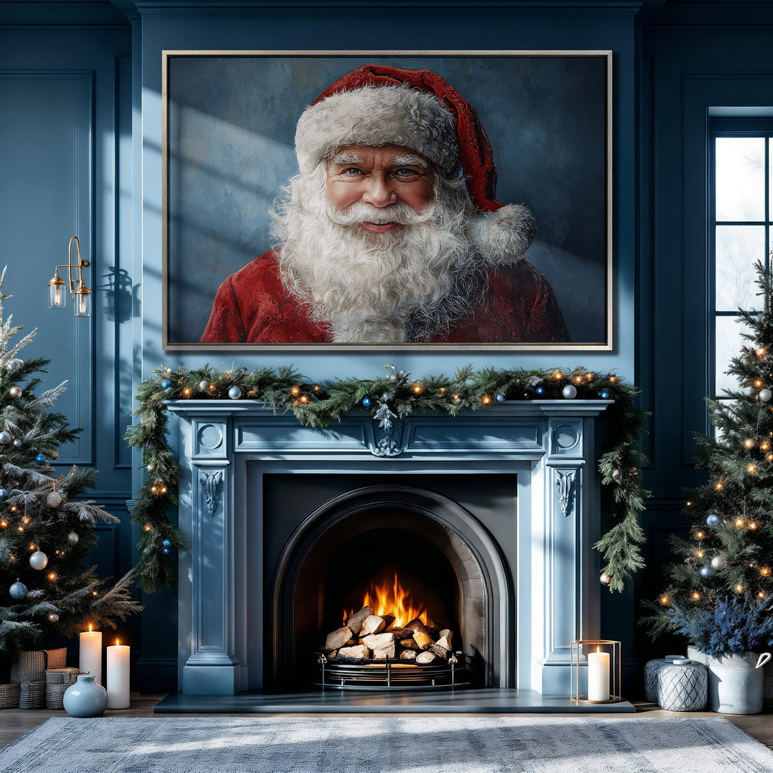 Framed Wall Art of Santa Claus in a cozy Christmas interior. Classic style, rich red and blue color palette, perfect for holiday decor.