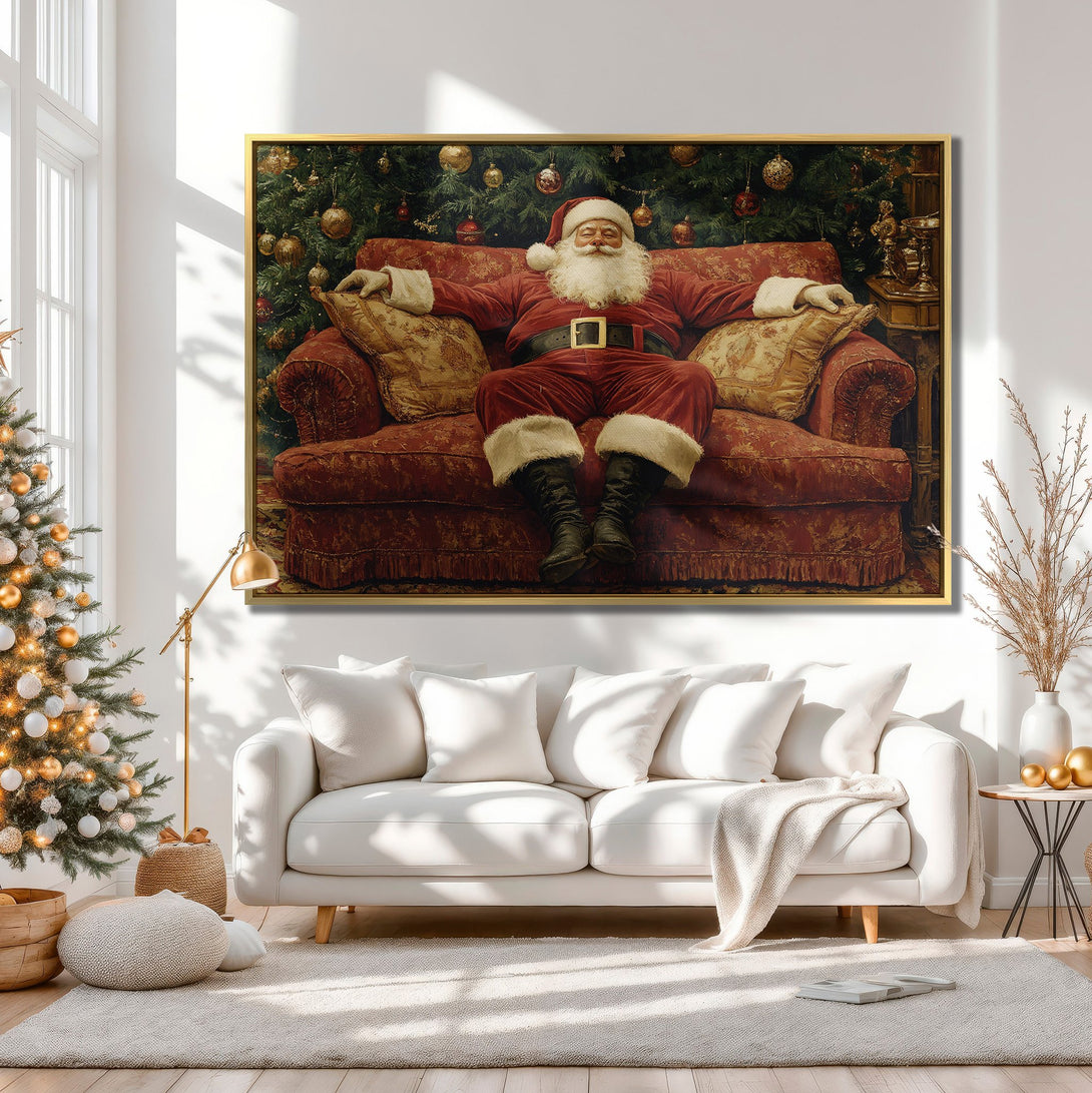 Canvas Print of Santa Claus relaxing, warm red and gold tones, classic style, perfect for Christmas decor.