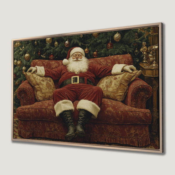 Framed Wall Art: Santa Claus relaxing on a red sofa. Classic style with warm red, green, and gold tones. Perfect Christmas decor!