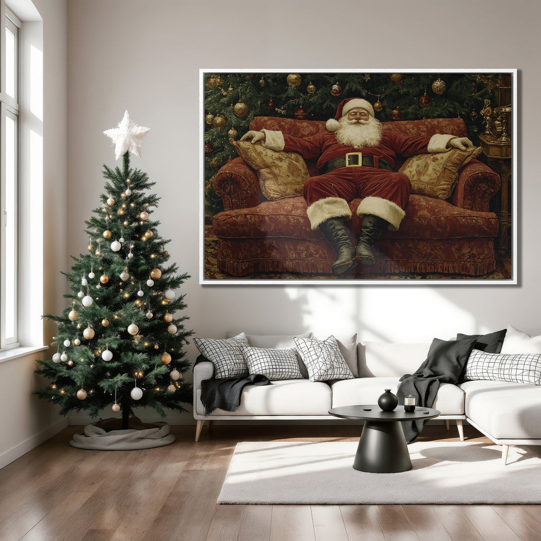 Framed Wall Art of Santa Claus in a cozy interior. Festive Christmas decor with a warm color palette, perfect for holiday home accents.