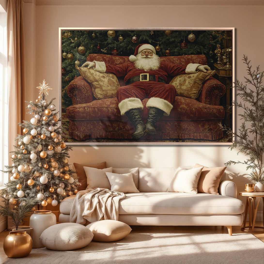 Framed Wall Art featuring Santa Claus in a warm, cozy interior. Rich red and gold palette evokes holiday cheer. Perfect Christmas home decor!