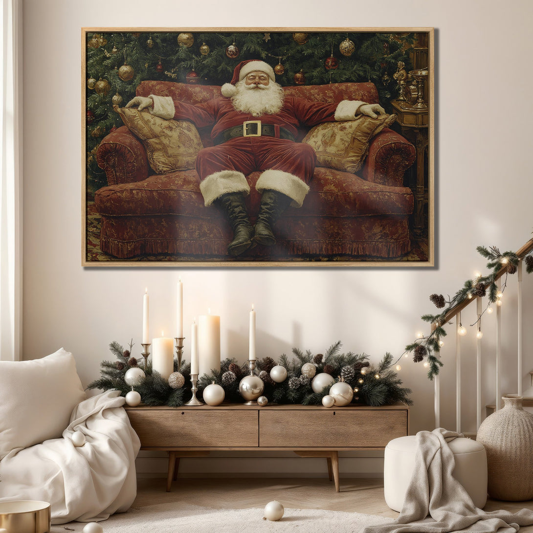 Framed Wall Art: Santa Claus relaxing on a red sofa. Classic holiday decor with a warm, inviting color palette. Perfect Christmas Canvas Print.